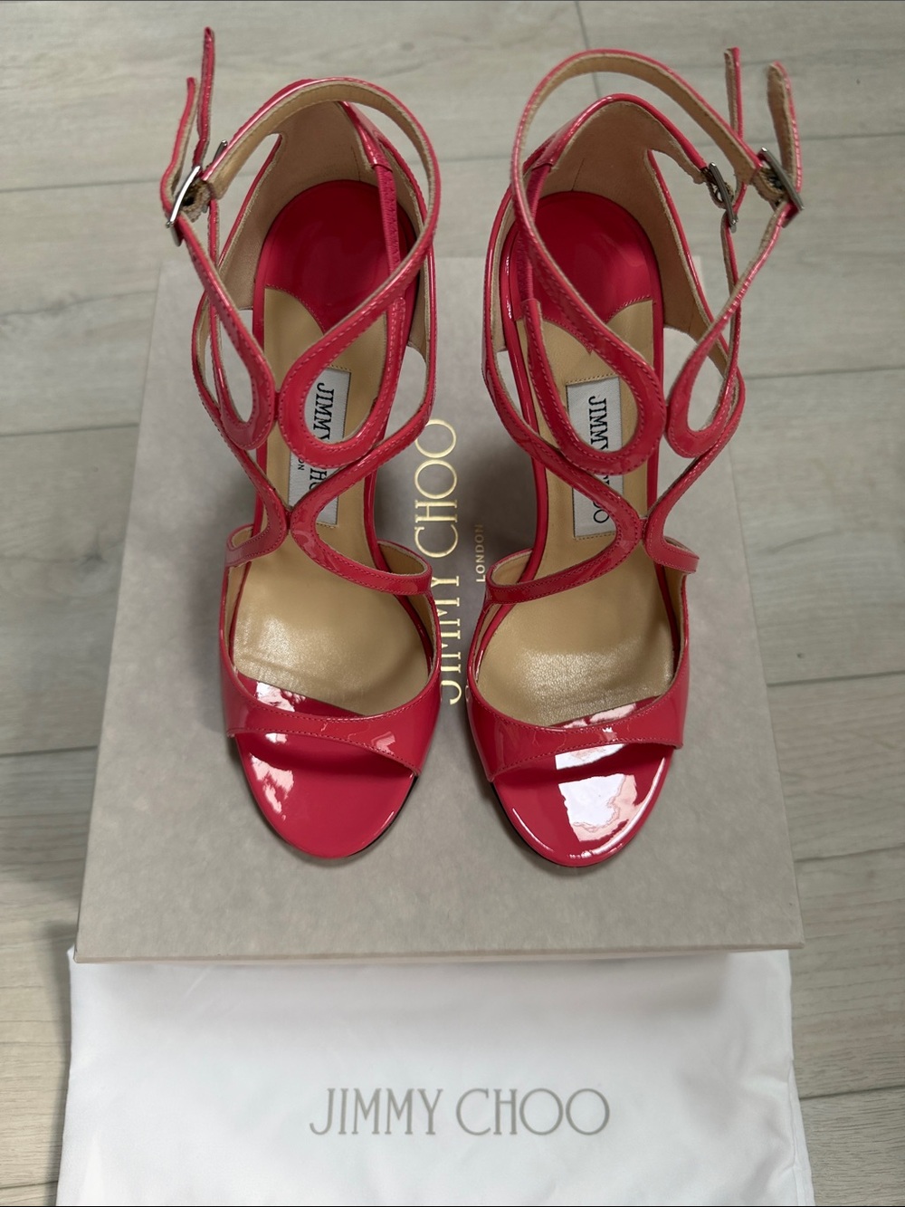 Jimmy Choo Lang Pink Patent Strappy High Heel Sandals